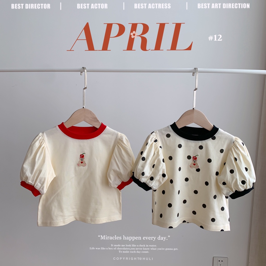 Áo Thun Tay Ngắn Họa Tiết Chấm Bi Dễ Thương Cho Bé Gái