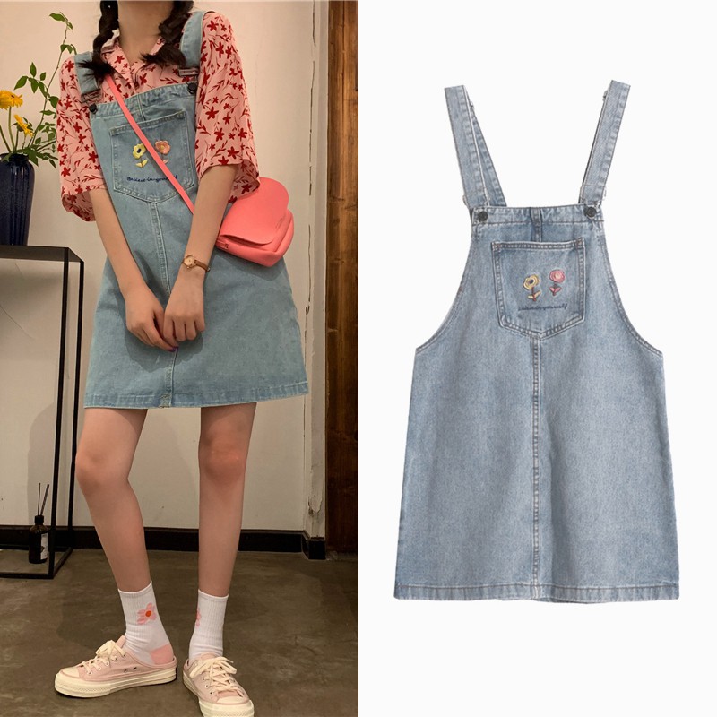 Đầm yếm Xiaozhainv chất denim form rộng họa tiết thêu trẻ trung cho nữ | BigBuy360 - bigbuy360.vn