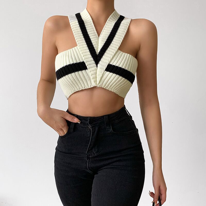 SUXI Áo Croptop Dệt Kim Sát Nách Cổ Chữ V Họa Tiết Kẻ Sọc Thời Trang Mùa Hè Mới