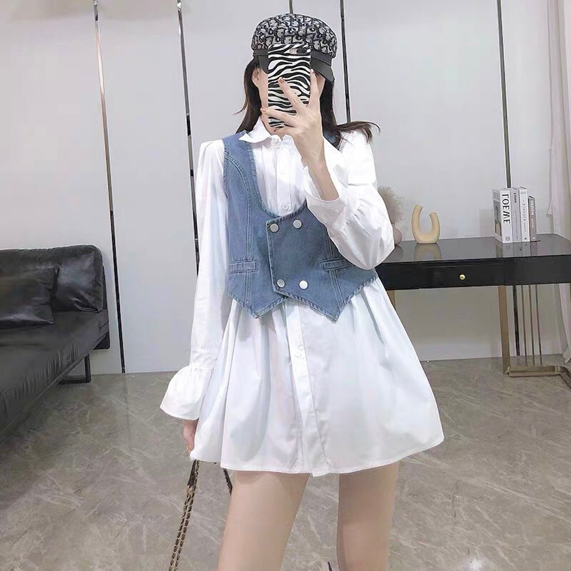 Sét áo váy sơ mi kèm áo gile giả bò siêu xinh , kèm ảnh thật tại shop , Unisex Store