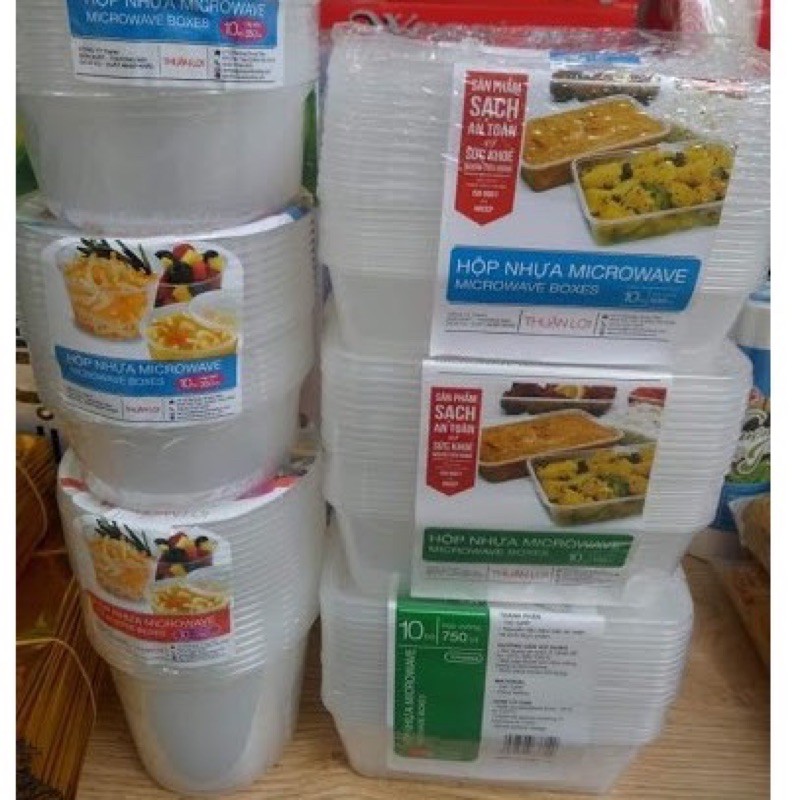 Lốc 10 hộp nhựa chữ nhật/ hộp nhựa tròn kèm nắp đựng thực phẩm, dùng lò vi sóng