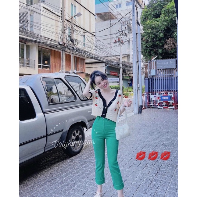 Áo len Cadigan tay cộc phối viền, hoạ tiết quả cherry bao xinh, dáng len ngắn lỡ