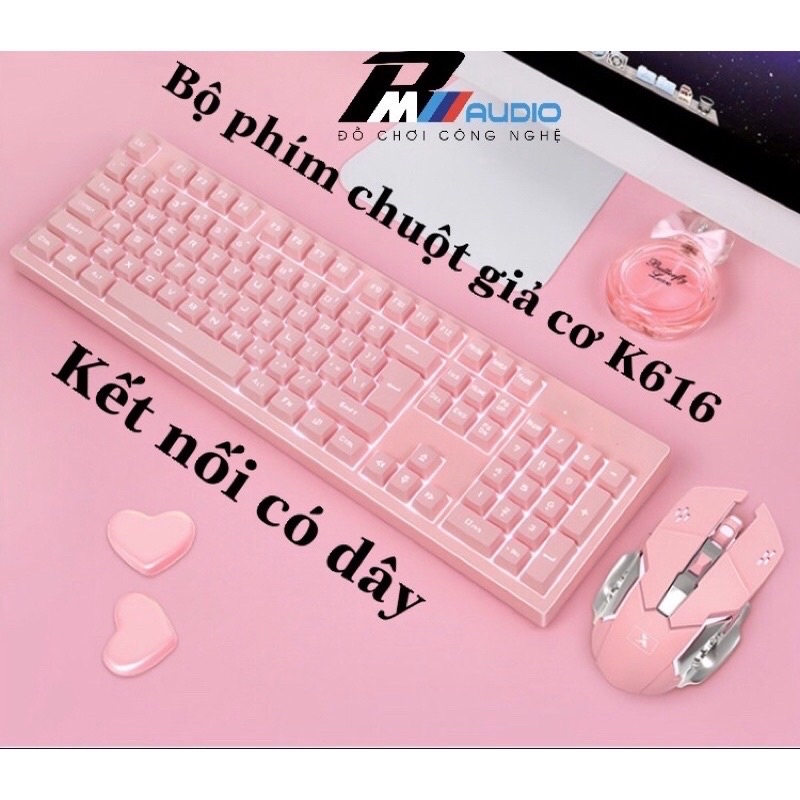 Bàn phím máy tính kèm chuột K620 nút tròn Full màu hồng tích hợp LED xuyên chữ cao cấp bảo hành 6 tháng- BMVAUDIO