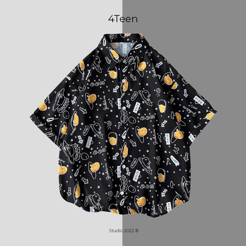 Áo sơ mi họa tiết unisex 4Teen studio đi biển, thoáng mát, form rộng