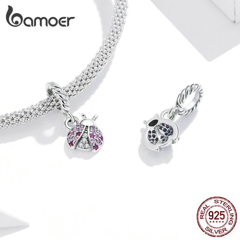 Hạt vòng tay Bamoer SCX125 làm bằng bạc 925 đính đá zircon hình bọ rùa DIY