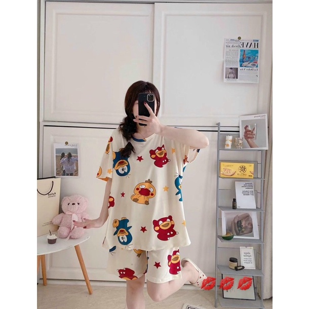 Bộ đùi hoạt hình 3D Bộ ngủ hình gấu dáng thụng chất cotton pizama nhiều màu pyjama