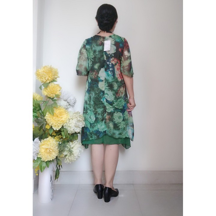 Váy Đầm Trung Niên - Vải Voan Tơ Mỏng - Form A Ngắn Tà Cong - Size Từ 50Kg Đến 70K