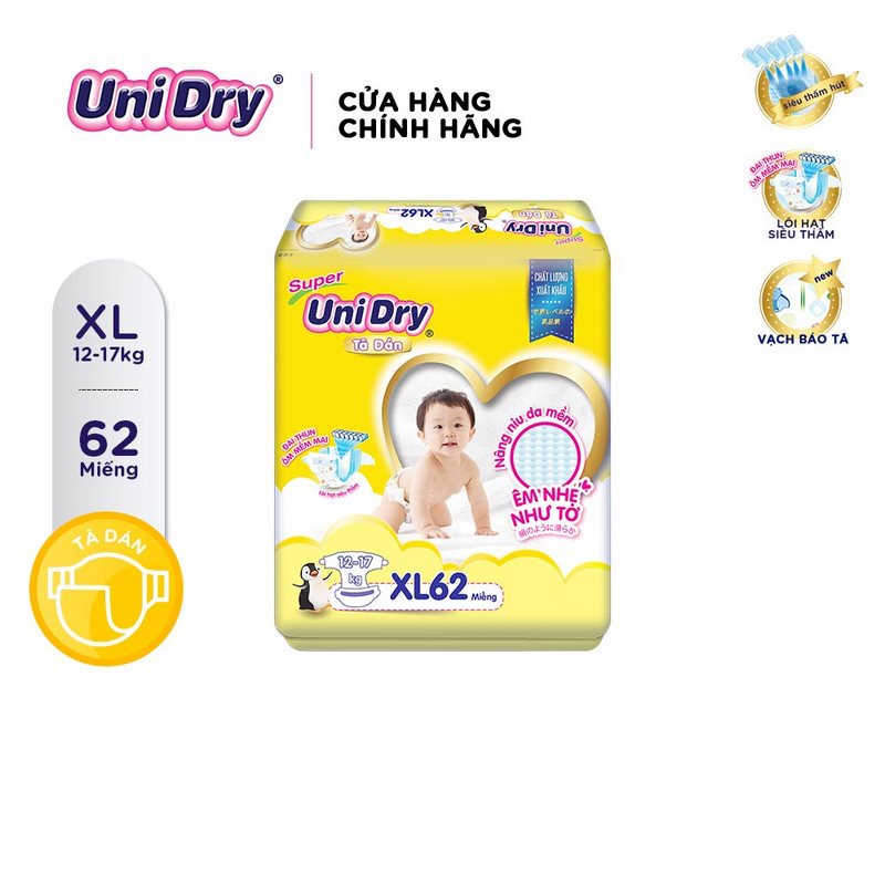 Tã dán UniDry Siêu khô thoáng gói Super Jumbo size M76/L68/XL62
