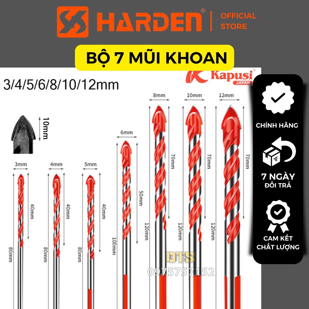 Bộ 7 mũi khoan đa năng 2 cạnh Kapusi Japan chân tam giác 3/4/5/6/8/10/12mm phù hợp khoan các chất liệu kính sắt bê tông