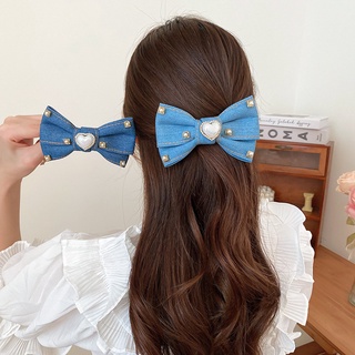 Kẹp tóc hình nơ denim đính ngọc trai giả phong cách pháp cổ điển dành cho nữ