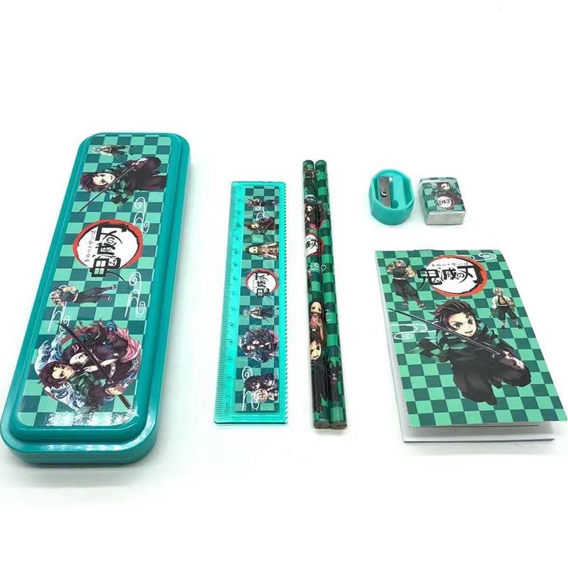 Bút chì kèm tẩy, thước kẻ và gọt bút chì 6 In 1 Stationery Set Demon Slayer Kimetsu No Yaiba Kamado Tanjirou Nezuko Kawaii Cartoon Anime Pencil Ruler Eraser Sharpener Boy Girls Kids Gift School Office Supplies Gift Set