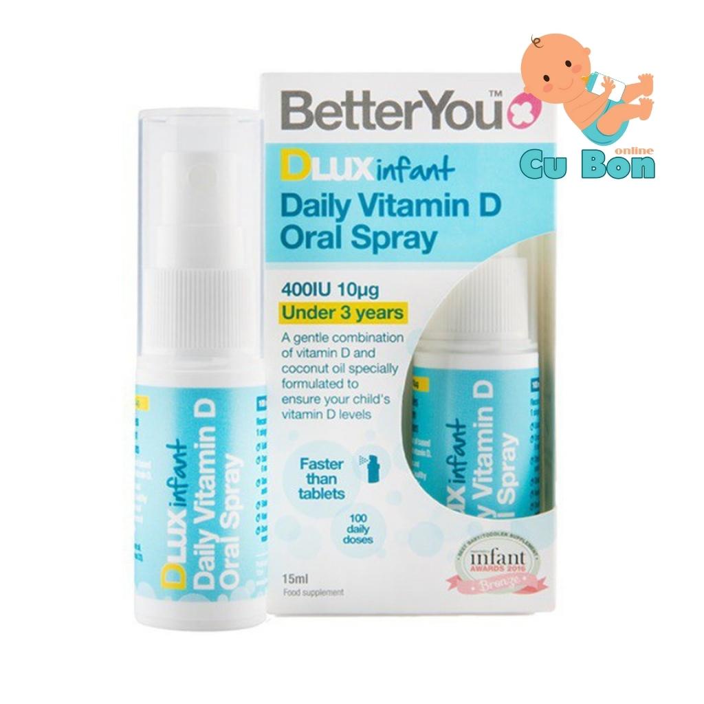 Vitamin D3 Dlux betterYou dạng xịt 15ml của Anh cho trẻ từ sơ sinh đến 3 tuổi giúp hấp thu ngay trong miệng thơm ngon