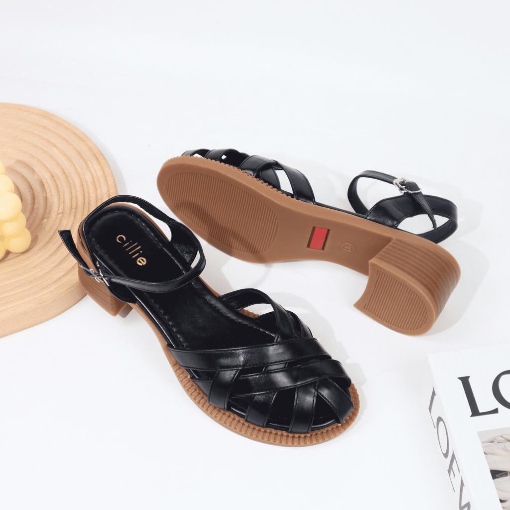 Giày Sandal Nữ Cillie Mũi Rọ Đan Dây Độc Đáo Gót Vuông 5p 1067