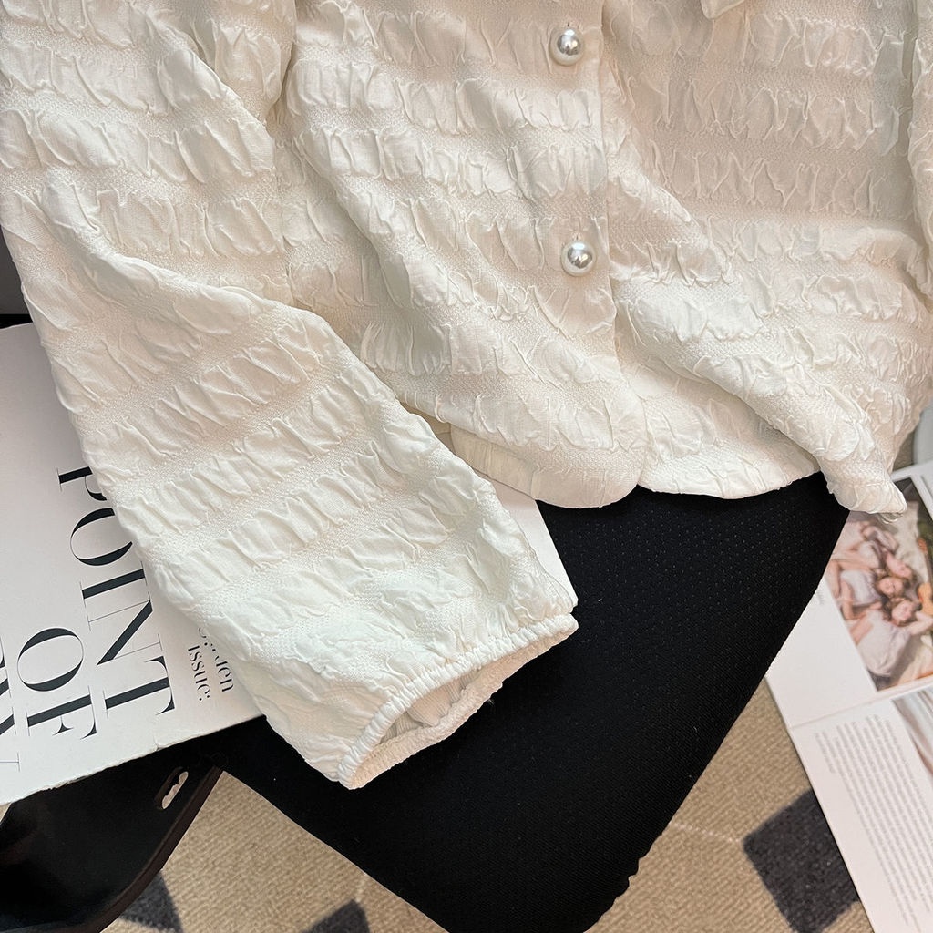 Áo Sơ Mi Tay Phồng Cổ Chữ V Thắt Nơ Dập Nổi Họa Tiết Mới Dành Cho Bạn Nữ