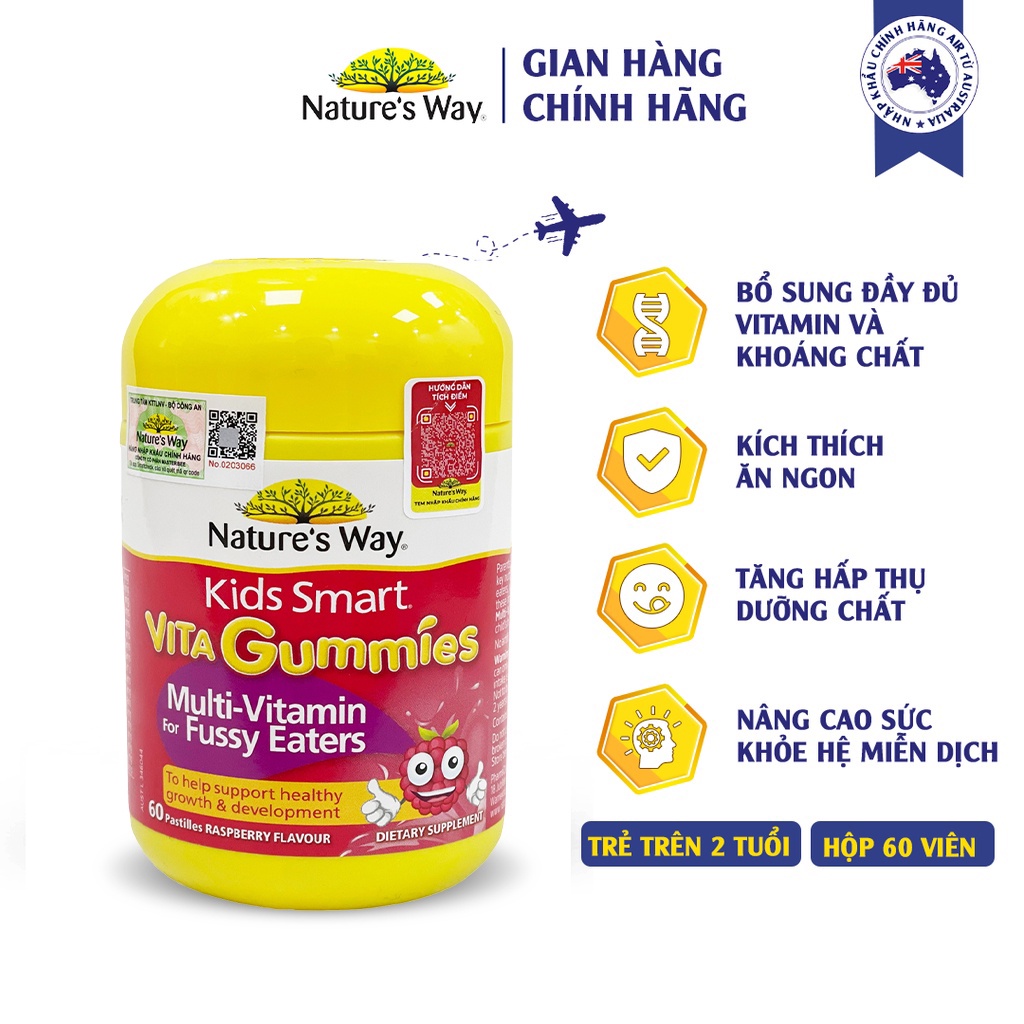 Kẹo Dẻo Cho Bé Nature's Way Kids Smart Vita Gummies Multi Vitamin for Fussy Eaters Kích Thích Ăn Ngon 60 Viên