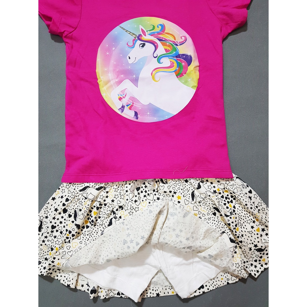 Bộ áo thun cotton váy quần in ngựa unicorn bé gái