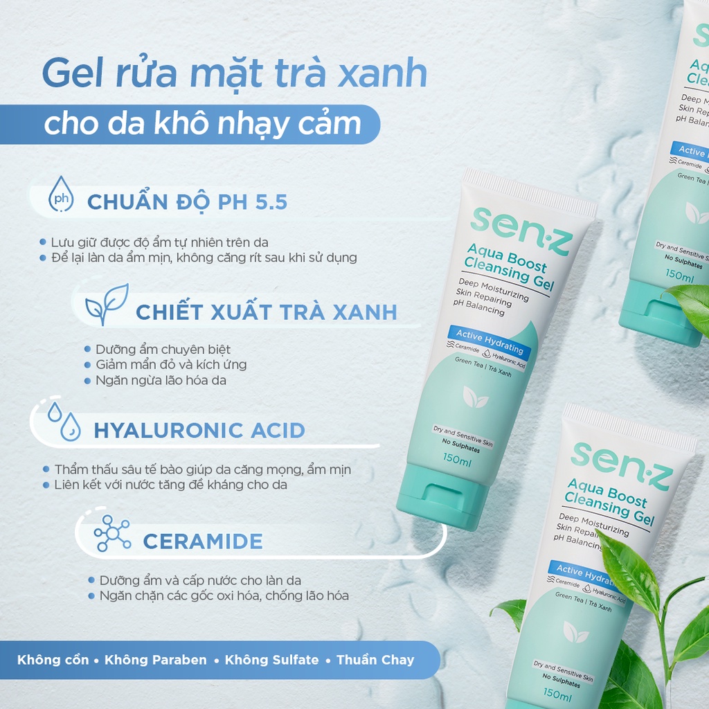 Gel Rửa Mặt Trà Xanh Cấp Ẩm SenZ Aqua Boost Cleansing Gel chuẩn pH 150ML