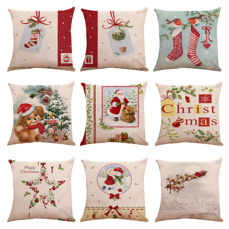Christmas Cotton Linen Cushion Cover/ 45 x 45cm Red Reindeer Sofa Pillowcase/Christmas Home Decor