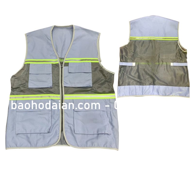 Áo ghi lê kỹ sư phản quang phối lưới màu xám môn 1 kéo 4 túi hộp
