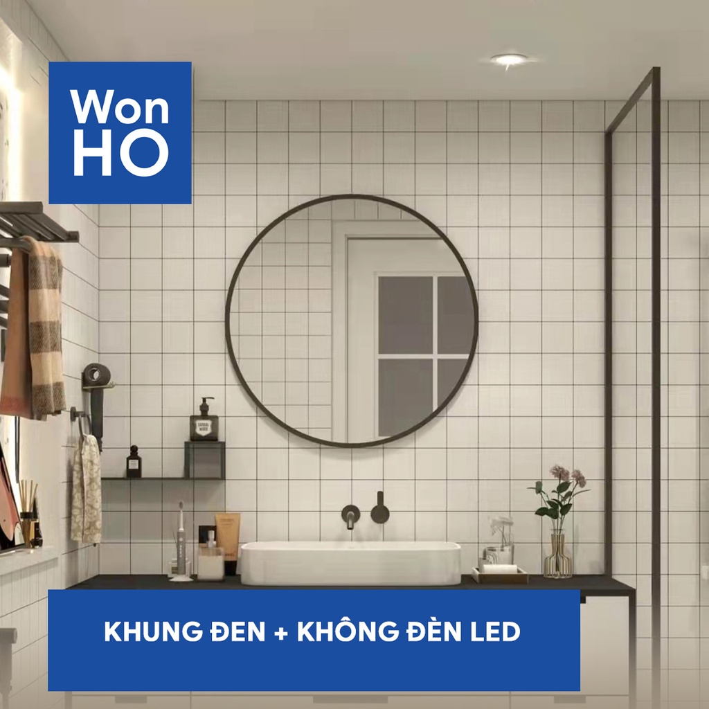 Gương Tròn Có LED treo tường khung đen bằng kim loại, phím cảm ứng tắt mở, màu led trắng hoặc vàng, FREESHIP EXTRA PLUS