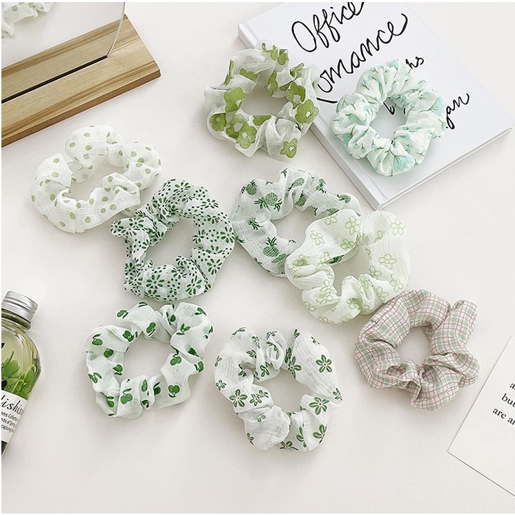 Scrunchies Họa Tiết Màu Xanh Lá Hàn Quốc Dễ Thương S16