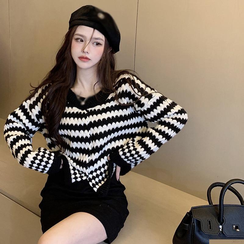 Áo khoác cardigan dệt kim cổ tròn dáng rộng họa tiết kẻ sọc phong cách Hàn Quốc cho nữ