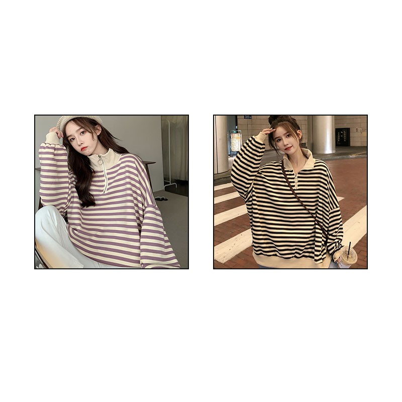 [ Mã 11FASHIONSALE1 giảm 10K đơn 50K ] Áo Sweater Vải Cotton Mỏng Dáng Rộng Kẻ Sọc Phối Khóa Kéo Cá Tính | BigBuy360 - bigbuy360.vn