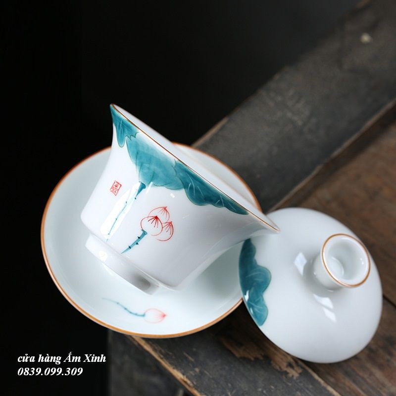 Chén Khải sứ trắng Bạch Định thấu quang vẽ tay Liên Hoa 175 ml