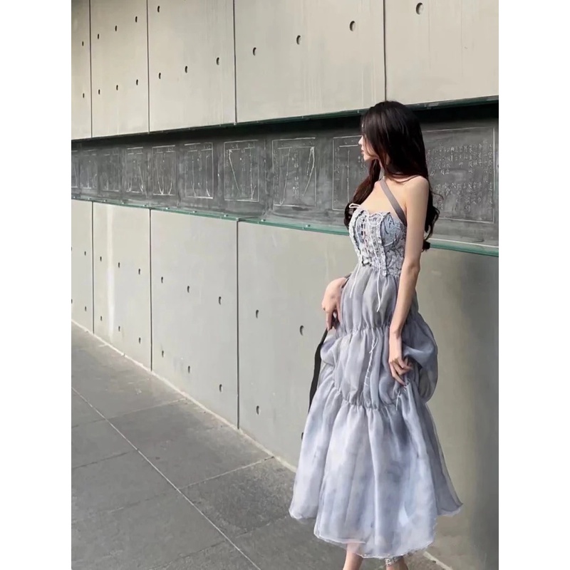 Đầm dây rút ngực váy phồng tầng 2 lớp voan màu xanh xám thanh lịch độc đáo Dayu