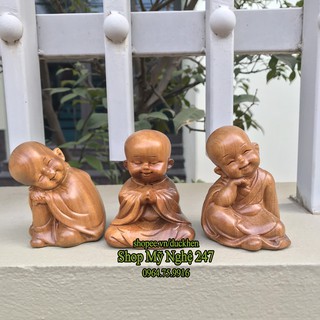 Bộ 3 Tượng gỗ chú tiểu tự tại, tượng chú tiểu tự tại làm bằng gỗ