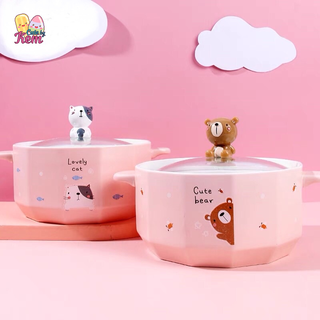 Nồi sứ úp mì, tô sứ úp mì màu hồng kèm nắp thuỷ tinh hình gấu, mèo, thỏ dễ thương