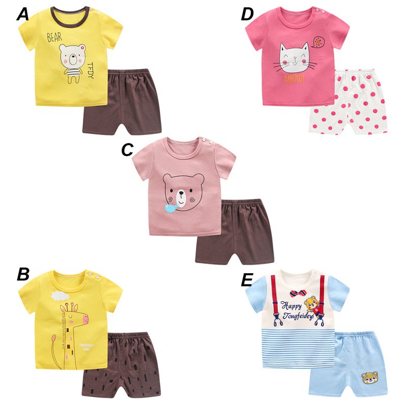 Bộ 2 món áo thun cotton + quần short phong cách thời trang mùa hè cho bé trai bé gái