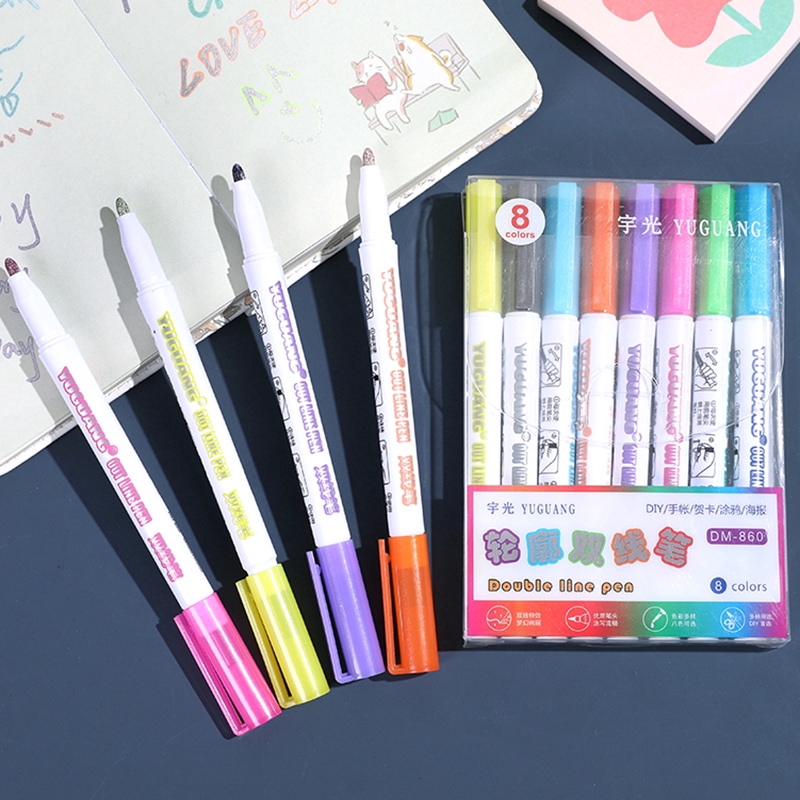 8 Color Double Line Marker Pen Student Office Stationery Watercolor Highlighter DIY Stroke Pen