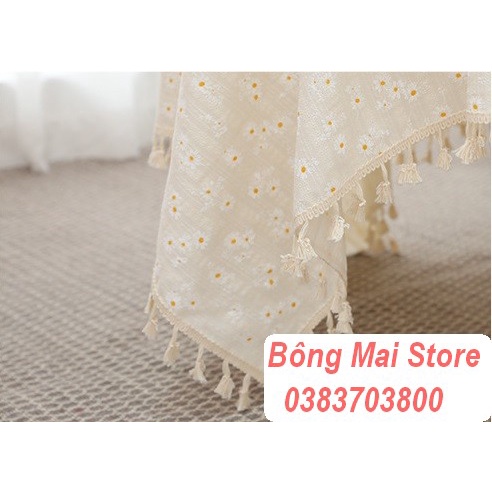 [100*140cm] Khăn trải bàn vải linen họa tiết hoa cúc có tai treo phong cách vintage cổ điển [T050]