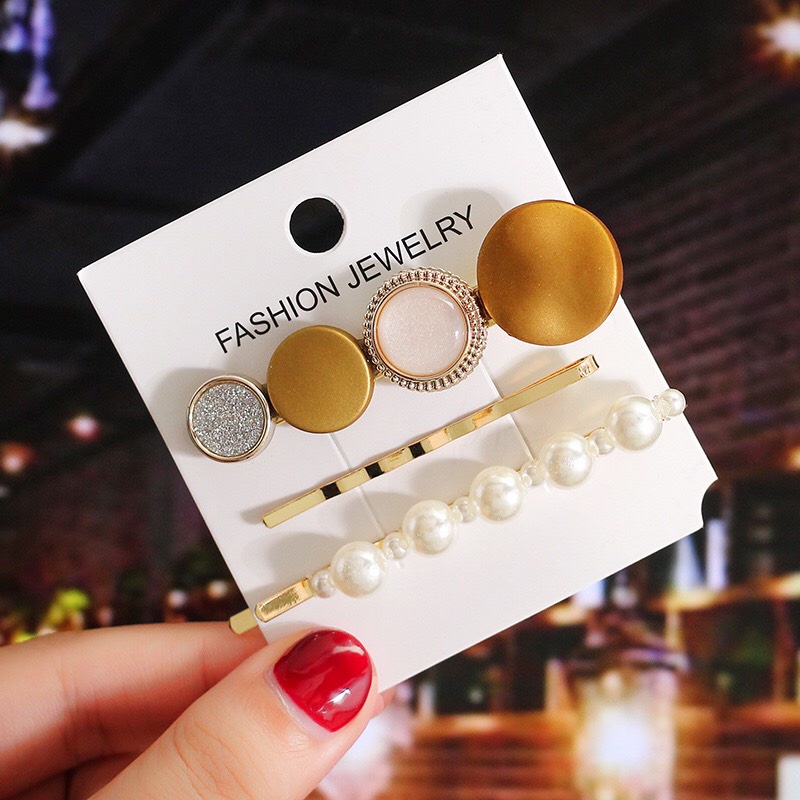 Set 3 kẹp tóc mái kim loại mix hạt ngọc PUHA, cặp tóc nữ đính đá phong cách tiểu thư sang chảnh Hàn Quốc