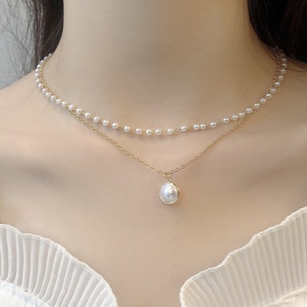 Vòng cổ ngọc trai nhân tạo hai lớp retro Hàn Quốc/ choker dây chuyền xương đòn chuỗi vòng cổ nữ