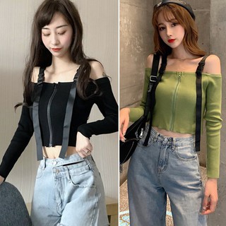 Áo Croptop dệt kim tay dài thiết kế trễ vai quyến rũ