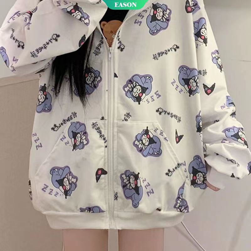 Áo Khoác Sweater Dáng Rộng Có Mũ Trùm Phối Khóa Kéo In Hoạt Hình Sanrio Kulomi Kiểu Nhật Bản Thời Trang Thu Đông Cho Học Sinh