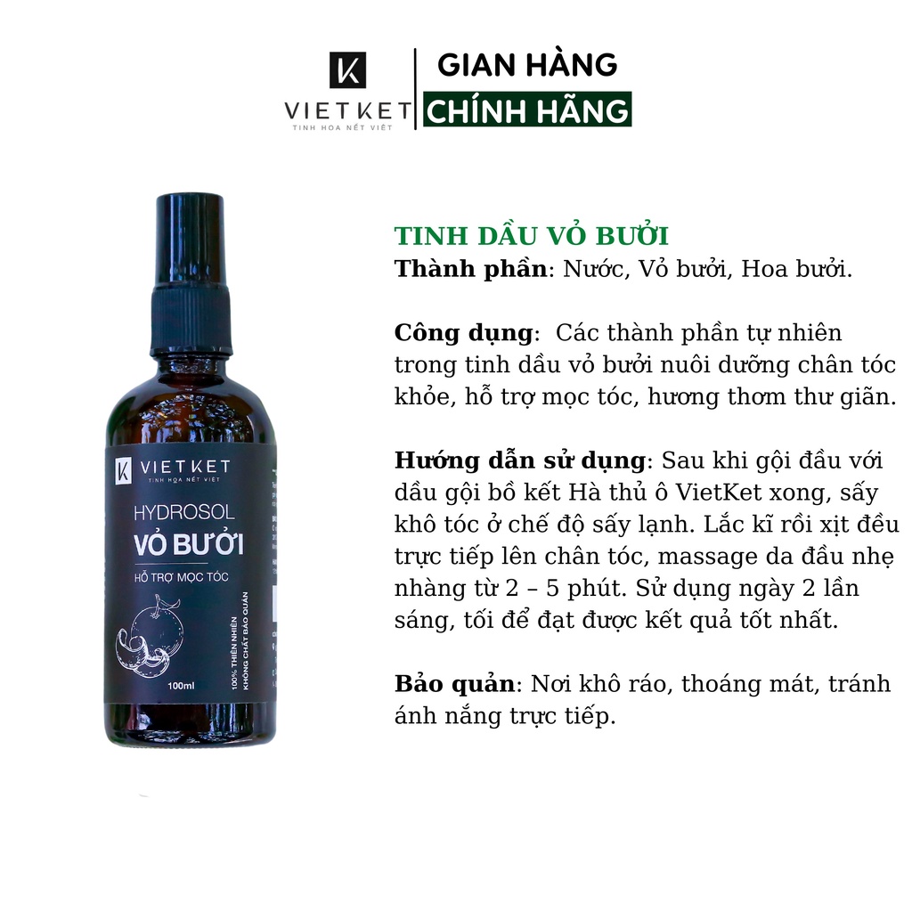 Hydrosol Vỏ Bưởi VIET KET Nuôi Dưỡng Chân Tóc Khỏe, Hỗ Trợ Mọc Tóc, Hương Thơm Thư Giãn 100ml