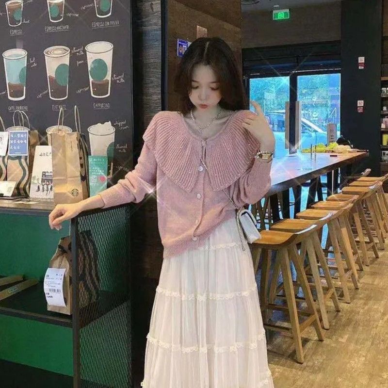 Áo Khoác Dệt Kim Đính Ngọc Trai Nhân Tạo Phong Cách Hàn Quốc Thời Trang Thu Đông Hàng Mới