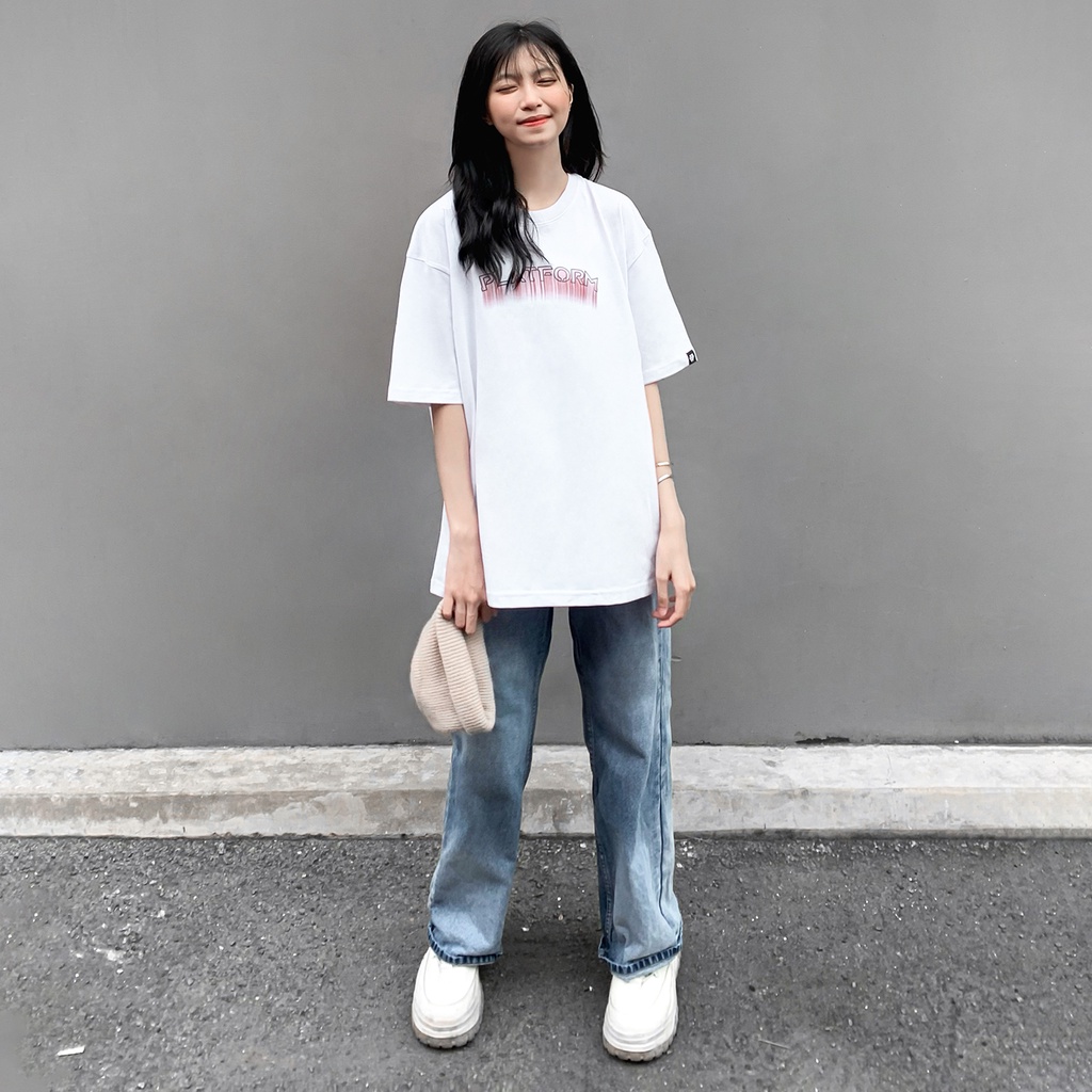 Áo Thun Màu Trắng In Chữ Platform Chất Liệu 100% Cotton Form Rộng Thoải Mái Unisex Nam Nữ