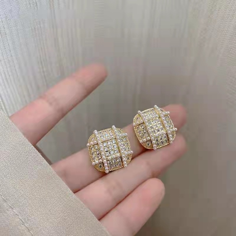 Bông tai đá pha lê ngọc trai vuông phong cách Âu Mỹ