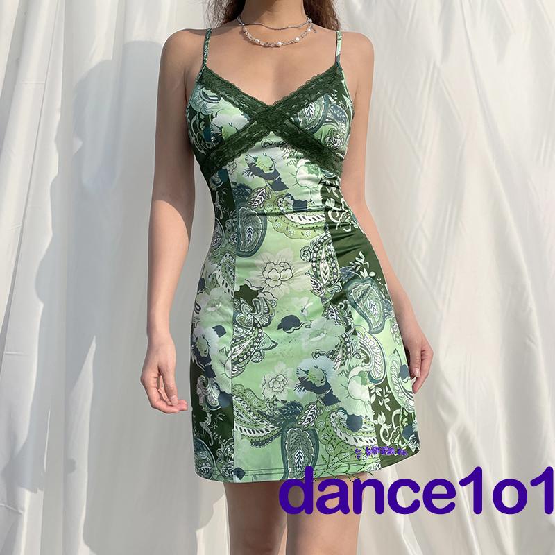 ✡UT✮Women´s Print Design Lace Panel V Neck Sling Tight Dress