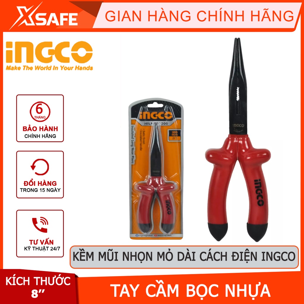 Kìm mũi nhọn mỏ dài cách điện INGCO HILNP01200 | kềm cách điện Kích thước 8 inch/200mm Tay cầm bọc nhựa chuyên dụng