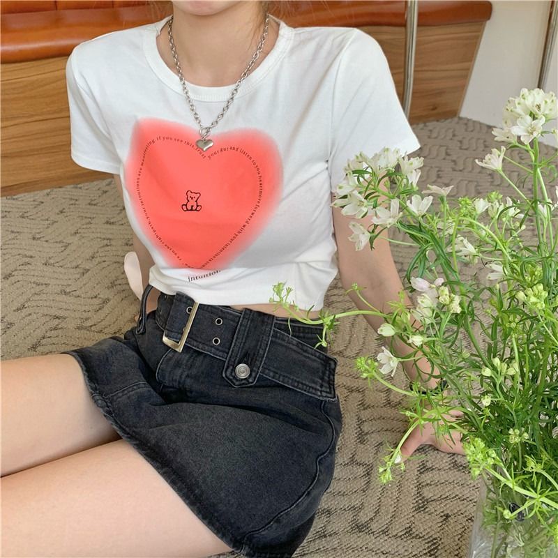 Áo Thun Ngắn Tay Dáng Ôm In Họa Tiết Trái Tim Xinh Xắn Kiểu Hàn Quốc COZOK
