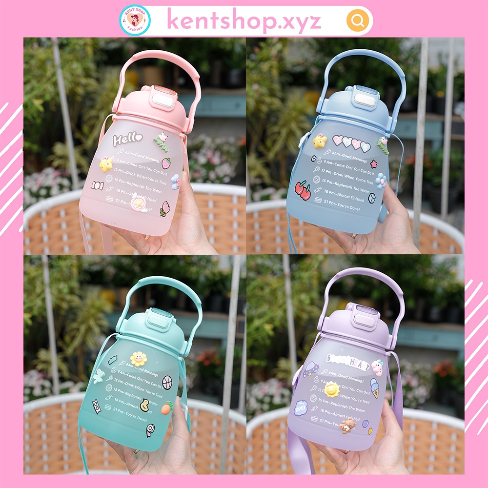 Bình nước 1300ml tặng Sticker đẹp có ống hút, vạch chia nhắc giờ uống nước Kết hợp quai xách tiện lợi