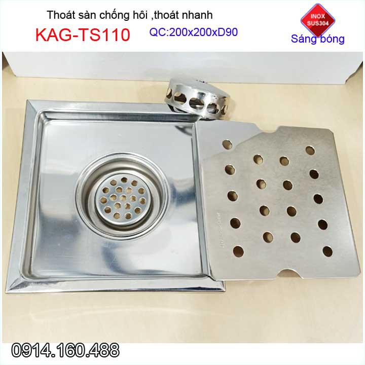 Hố ga thoát sàn Inox Kace ống 9cm KAG-TS110 Inox 304, phễu thoát nước chống hôi 20x20cm ống D90mm