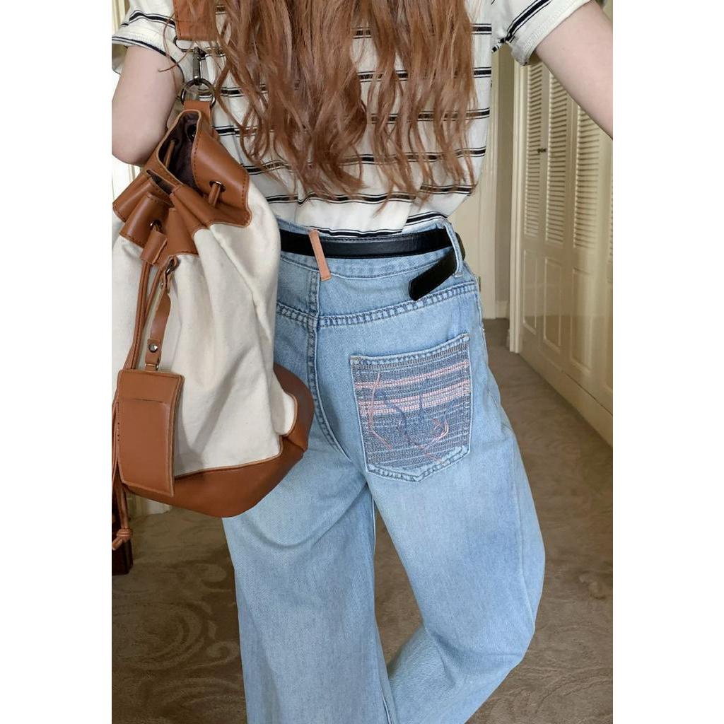 Quần Denim Ống Suông Phối Túi Thêu Họa Tiết Hoài Niệm Cổ Điển 63166