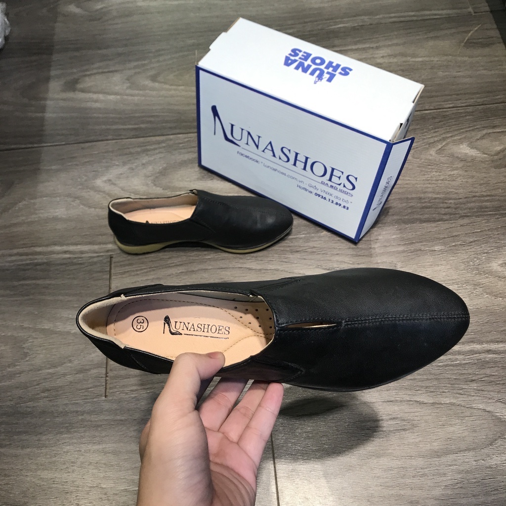 Giày slip on, giày lười nữ da bò thật LUNASHOES 705 giầy moca nữ cho mẹ đi êm chân dễ phối đồ trung niên