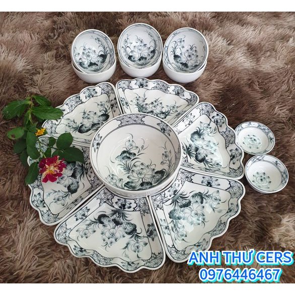 Bộ bát đĩa hoa mặt trời men gốm vẽ hoa màu xanh lam tràm Bát Tràng set bát đĩa hàng chuẩn loại 1 decor bàn ăn dễ thương